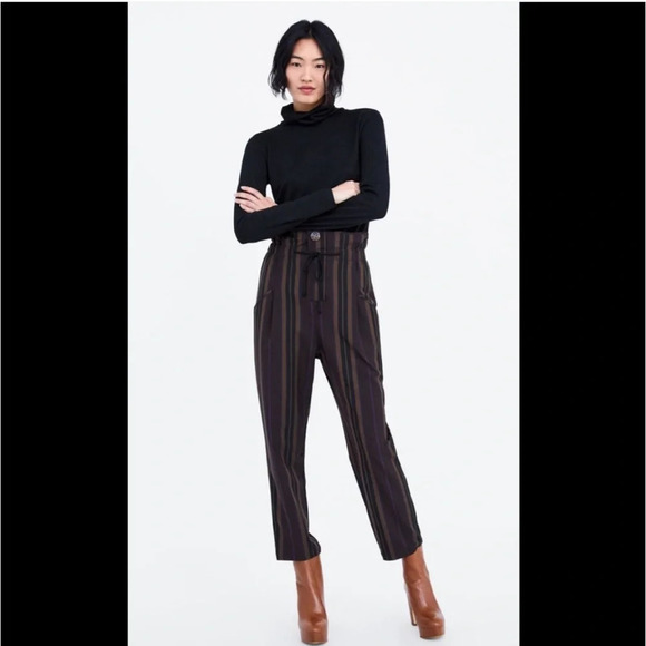 Zara Paper Bag Waist Pants Striped M - Picture 1 of 12